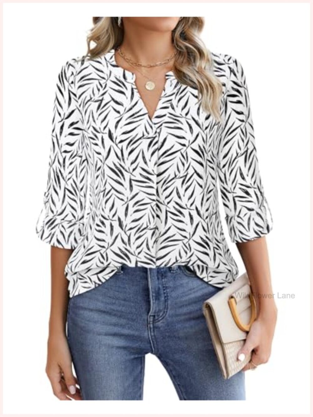 Women's Chiffon V Neck 3/4 Sleeve Blouse Tunic Floral Print
